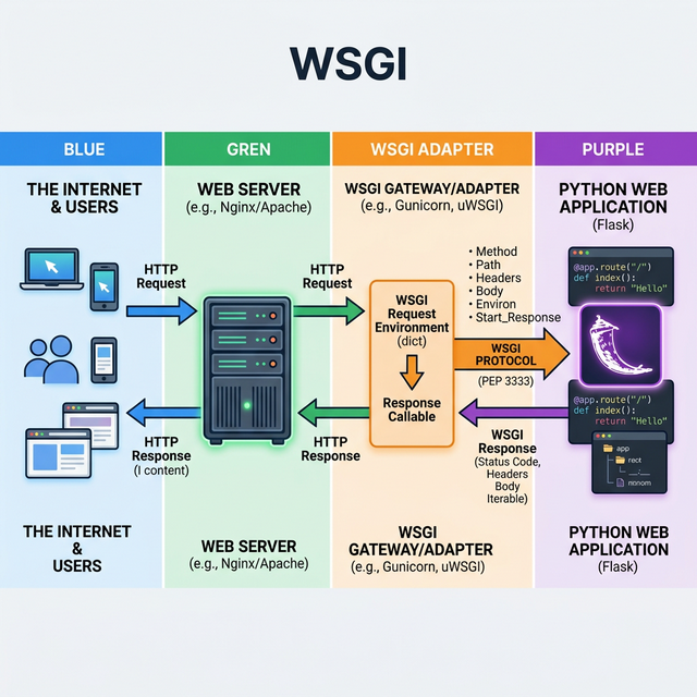 Схема архитектуры WSGI: интерфейс между веб-сервером (Nginx) и веб-приложением на Python (Flask)